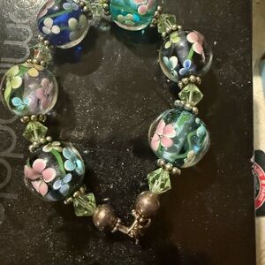 Artist made flower painted beads bracelet, silver fittings, gorgeous dress up